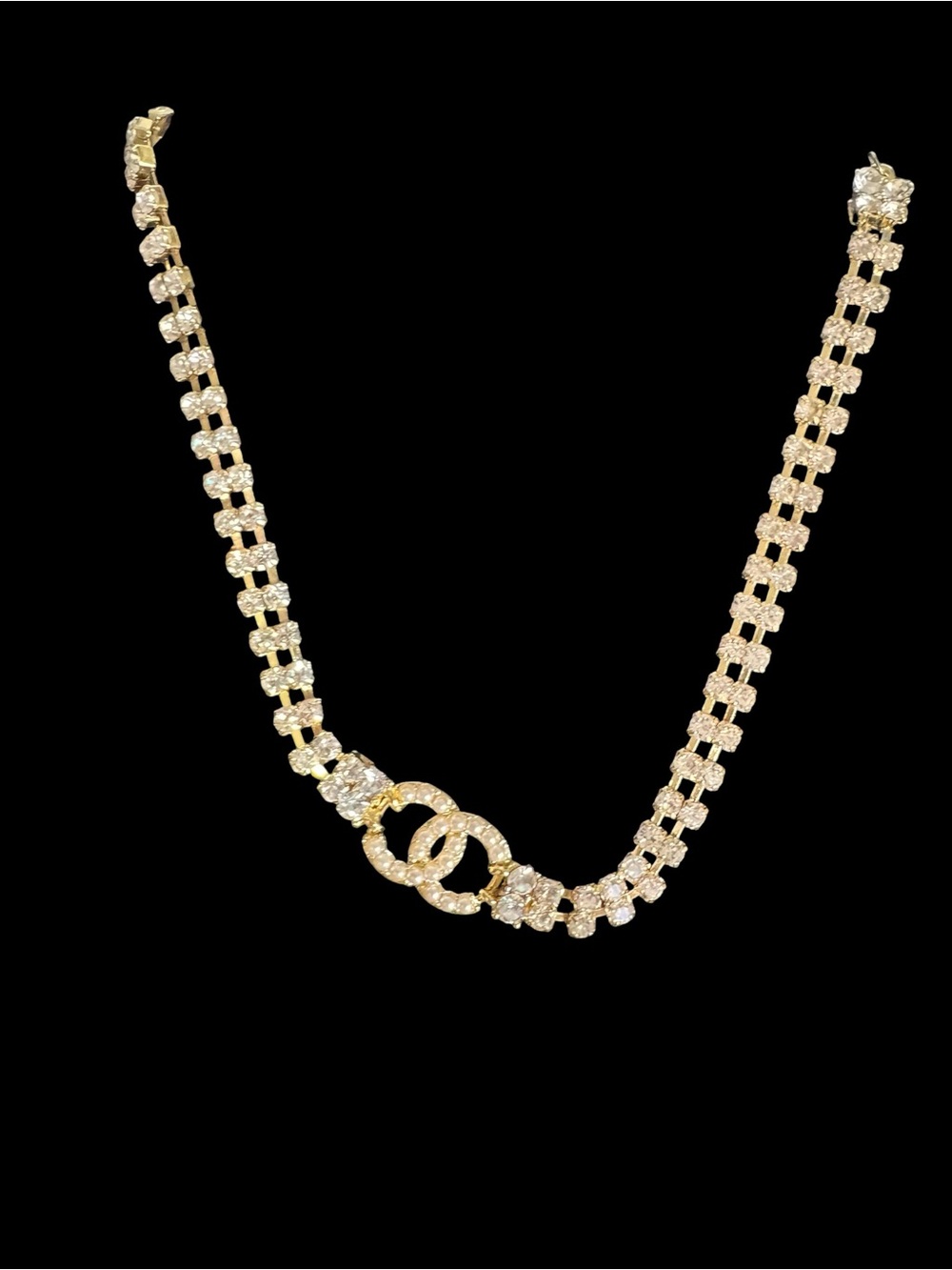 Gold Crystal Link Tennis Necklace with Interlocking Rings